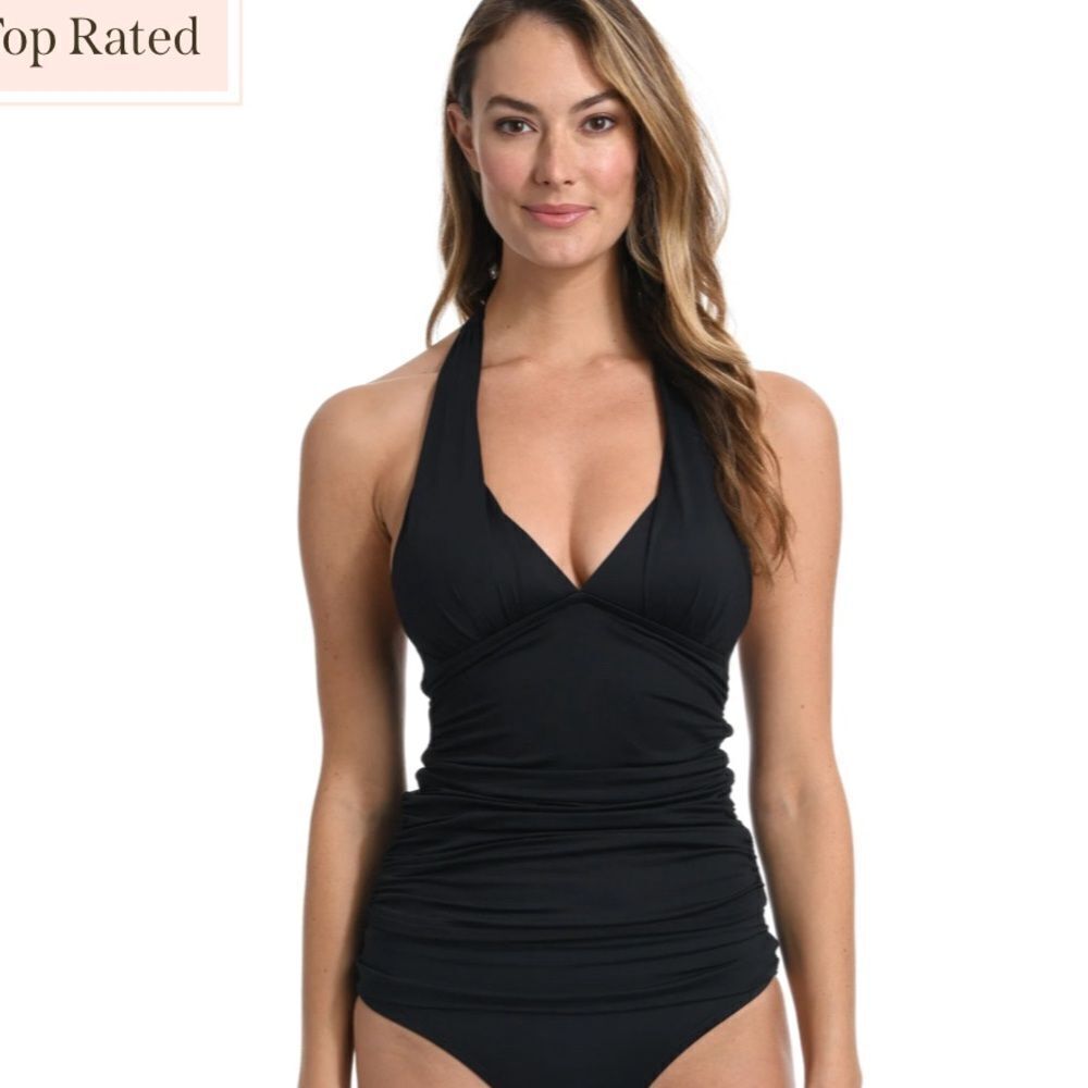 La Blanca Island Goddess Halter Tankini Ruched Top - Black- Size 6